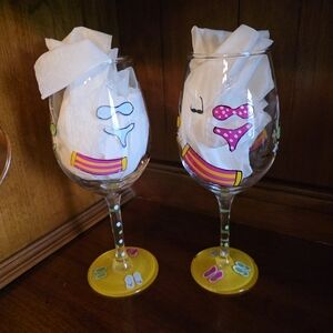 NEW Vibrant 'n Colorful HAND 🎨 PAINTED Beach 👙 Swim Suit Wine Glasses Set of 2